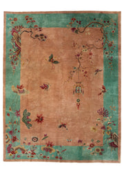 Antique Chinese decorative rug, 139x107 inches, featuring intricate patterns.